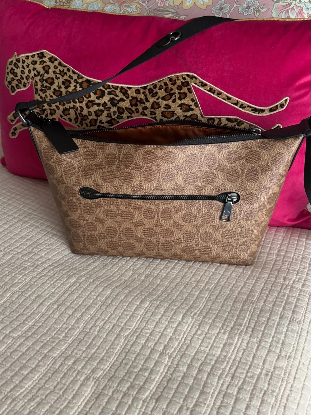 New Coach Brown Signature Canvas Messenger Bag with Black Trim - NWOT.